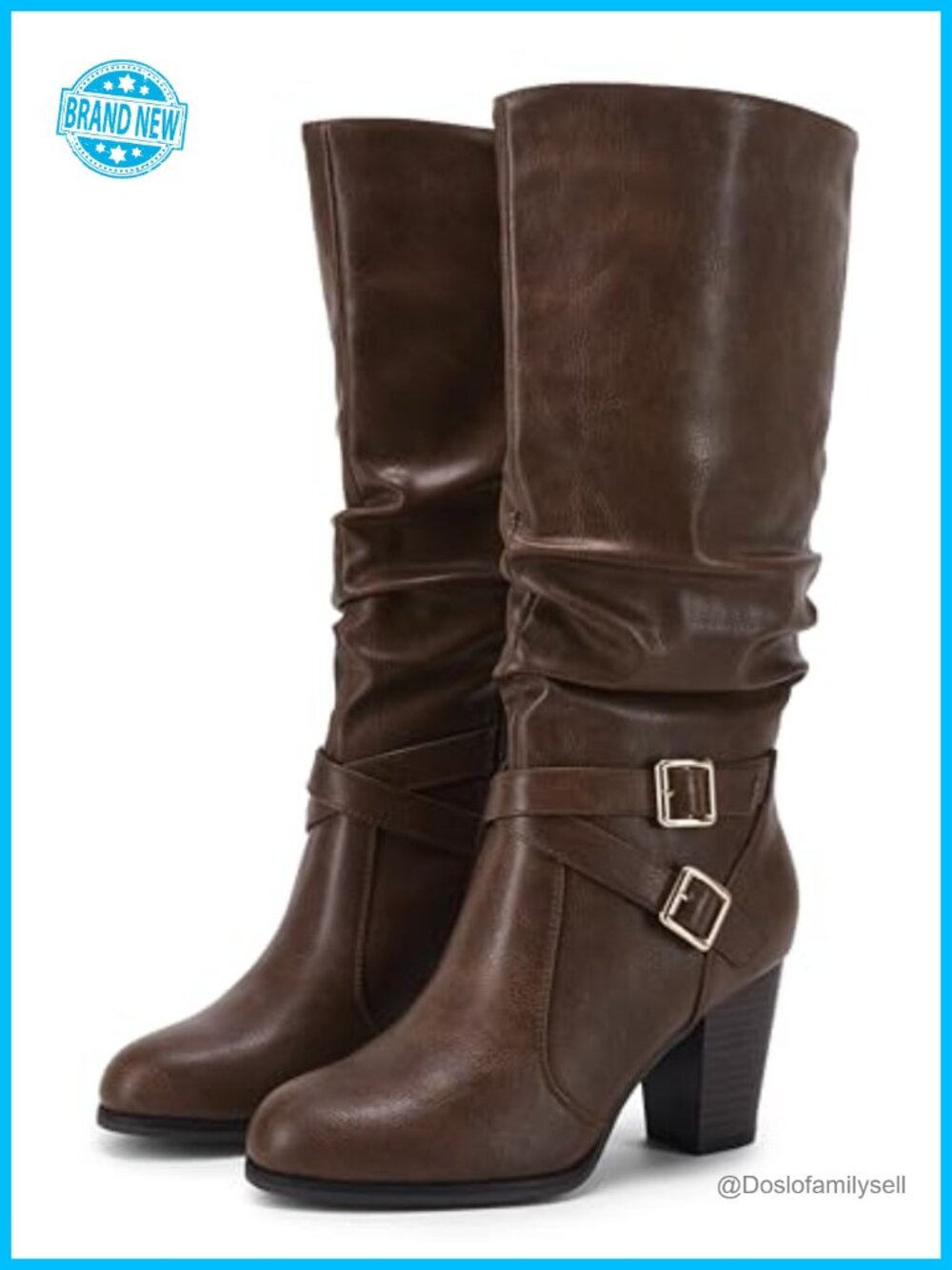 Faux Leather Mid Calf Knee High Boots Chunky Heel Side Zipper Winter